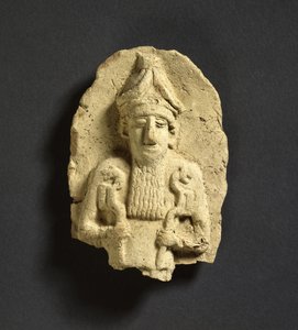 Un dio che tiene uno scettro con testa di leone in ogni mano, possibilmente Nergal, Antica Babilonia da Kish, 3° millennio a.C. da Babylonian